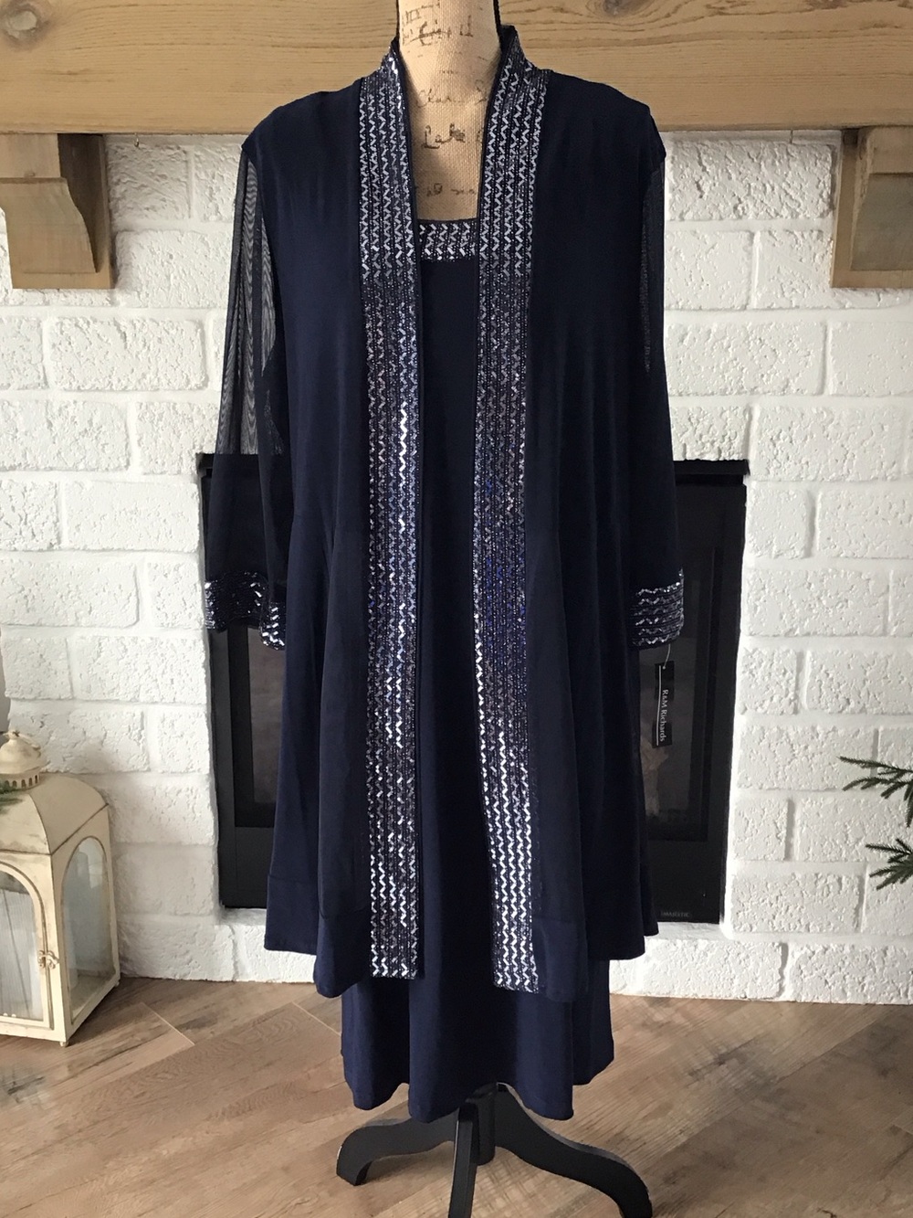 R&M Richards Navy 2 Piece Sheer Jacket Dress Set 3/4 Sleeves